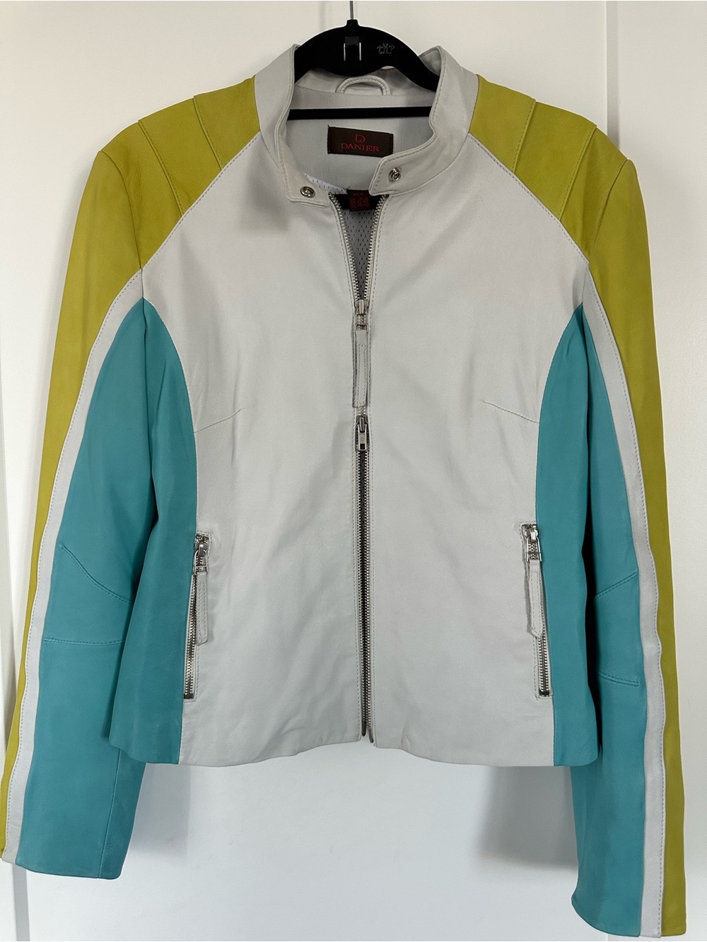 Danier Y2K Colorblock Leather Jacket - White, Teal & Lime - Picture 2 of 10